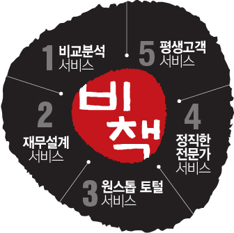 비책 서비스 마인드맵 이미지 1.비교분석 서비스 2.재무설계 서비스 3.원스톱 토털 서비스 4.정직한 전문가 서비스 5.평생고객 서비스